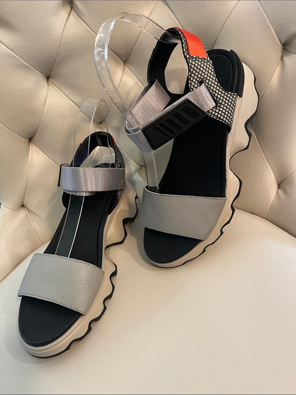 Sorel Gray and Black Platform Sport Sandals with Orange Accent